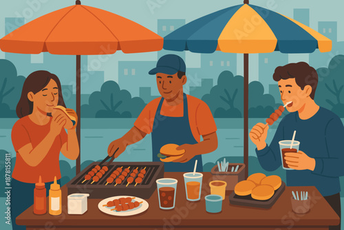 Illustration food delight sandwiches stall vector drinks plates vendor condiments street small