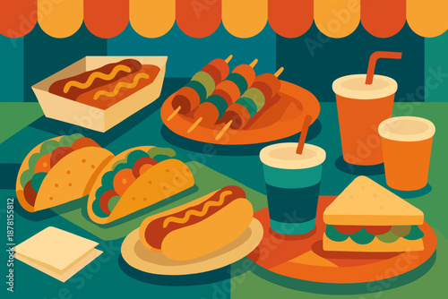 Composition background neatly feast illustration abstract drinks arranged dogs street vector food