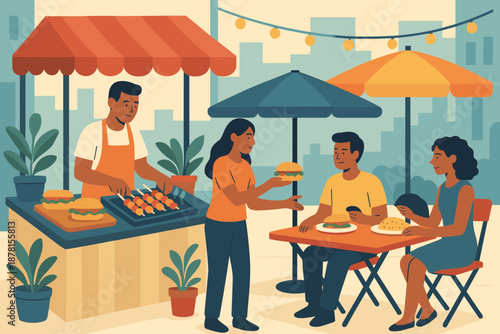Vibrant customers food skewers vendor umbrellas lights vector table illustration plants street