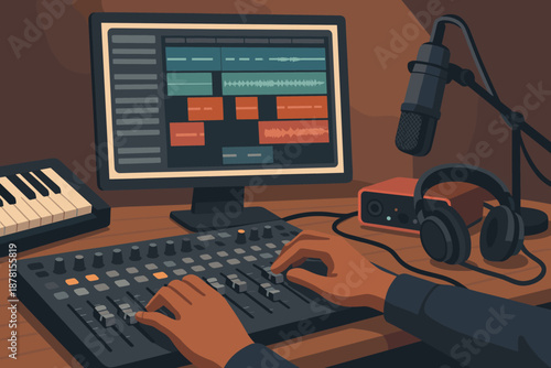 Displaying production ambient tracks keyboard vector illustration mixing lighting audio studio nearby