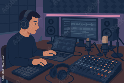 Illustration vector professional yet studio music laptop lights midi environment production controller