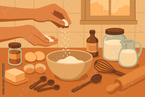 Baking essentials vector cinnamon eggs nearby jar cozy pin into illustration sprinkling