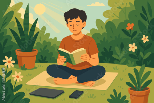 Vector flowers mat phone digital illustration detox reading warm calming plants garden