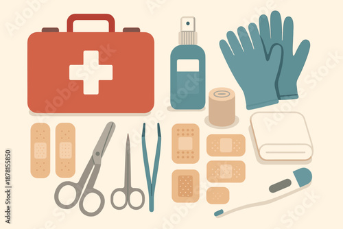 Antiseptic first neatly illustration gauze including vector plasters scissors minimalist aid bandages