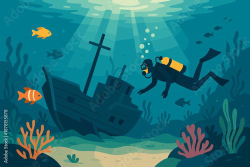 Beams inspecting scene underwater vector creating diver rising shipwreck fish illustration exploration