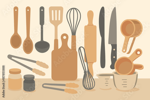 Composition vector cooking jars neatly countertop utensil kitchen board illustration arranged
