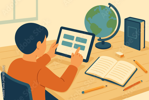 Vector illustration desk language open station practicing area study organized vocabulary learning