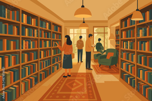 Books nook interior store vector reading cozy bookstore wooden illustration arranged rugs
