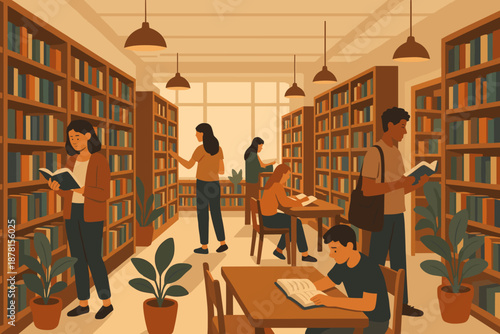 Space indoor reading customers aisles bookshop cozy scene hanging vector illuminating illustration