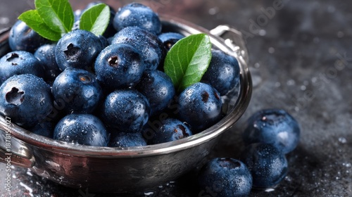 Wallpaper Mural A metal bowl holds fresh blueberries that sit on a dark surface. The berries are plump and shiny with green leaves showing on top offering a natural touch. Torontodigital.ca