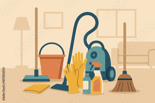 Illustration including essentials home bucket sprays cleaning vector gloves abstract tidy items