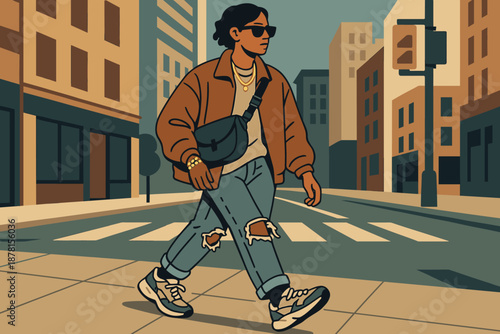 City sneakers outfit street trendy oversized streetwear vector crossbody walking illustration urban