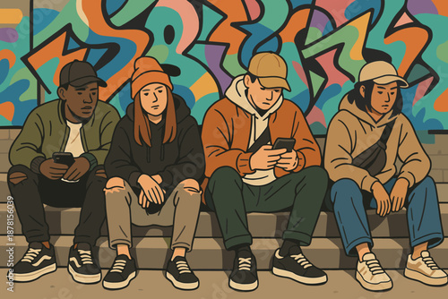 Diverse streetwear sitting steps urban casual vibes smartphones sneakers bomber illustration jackets
