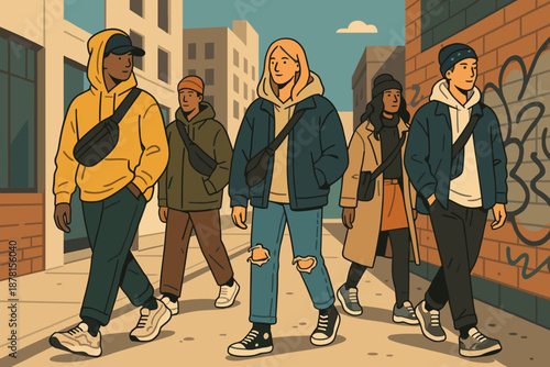 Street sunlight illustration scene fashion ripped urban fashionable vector wearing bags crossbody