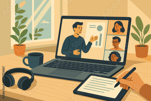 Nearby video remote vector collaboration tidy visible presenting tablet coffee illustration team