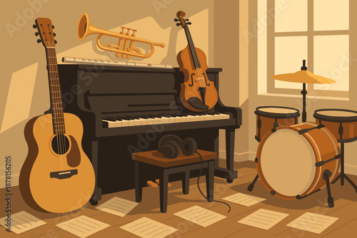 Cozy headphones environment illustration guitar sheet illuminating view studio vector drums trumpet
