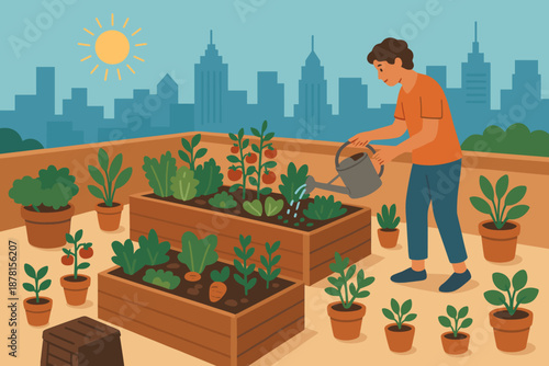 Vegetables garden small herbs urban scattered skyline vector illustration planters gardening rooftop