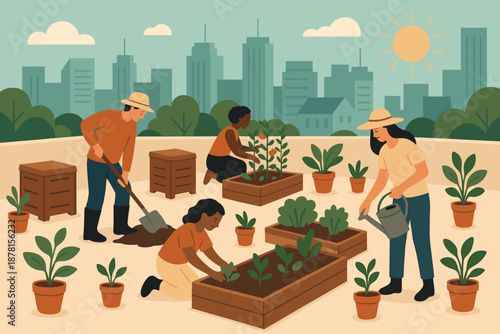 Rooftop illustration sunny compost beds vector potted community garden outdoor environment