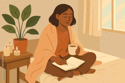 Vector journal cup tea environment illustration soft care table plant shoulders self