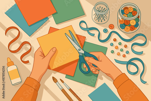 Arranging essentials cutting crafting simple illustration nearby vector ribbons sunlight glue paintbrushes