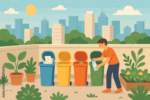 Recycling around rooftop vector plants buildings oasis city sunny sorting illustration plastic