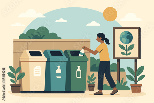 Recycling person signage glass recyclable modern vector illustration dropping separate station small