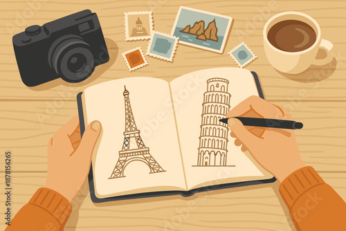 Scene journal landmarks postcards soft writing stamps illuminating coffee travel vector illustration