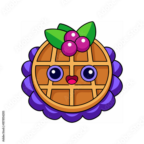 Cute kawaii waffles with berries, blueberries, and syrup, cartoon character with a smiling face; flat vector illustration for bakery-café design, isolated on a white background