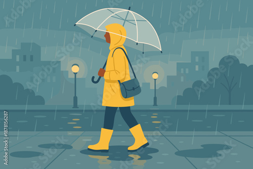 Day sidewalk reflecting buildings holding bag subtle boots yellow vector waterproof rainy