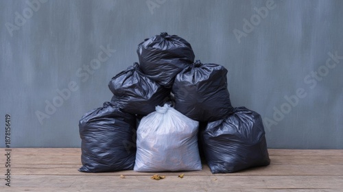 Pile of black garbage bags stacked on top of each other on a wooden surface. the bags are of different sizes and shapes, with the largest bag at the bottom and the smallest at the top.