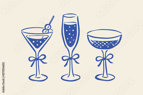 Cocktail and champagne glasses doodle line art vector illustration