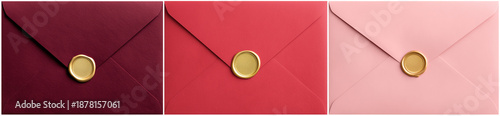 Set of romantic burgundy, red and pink envelopes sealed with golden wax stamps