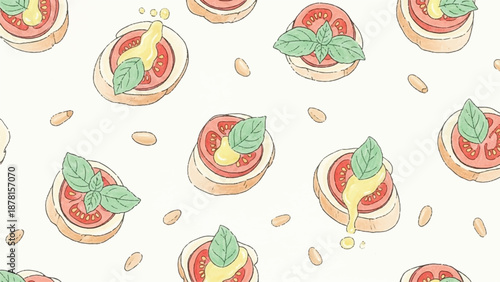 Mediterranean Bruschetta Pattern Seamless Food Illustration