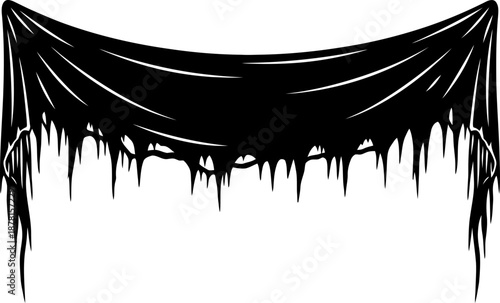 Black spooky tattered creepy fabric banner or flag with ripped edges. Halloween holiday, horror concept. Vector illustration for banner, poster, background