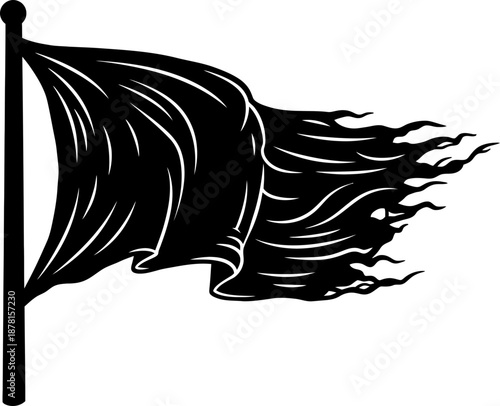 Waving black ragged flag on pole, mourning and anarchy concept. Vector icon for sign, symbol, print, logo, banner design