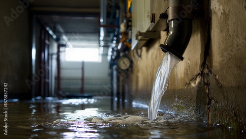 Water flows from a pipe into a flooded area in a basement during a maintenance task at a property facility