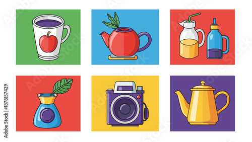 Colorful icons of kitchen and photography items in squares