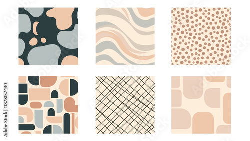 Collection of six modern abstract pattern designs in peach and gray tones