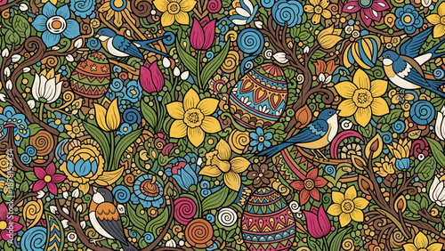 Vibrant floral pattern with colorful flowers and birds on brown background