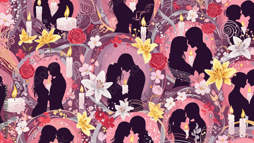 Romantic couple silhouettes with flowers and candles seamless pattern design