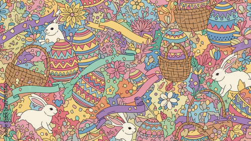 Colorful easter pattern with bunnies and decorated eggs on vibrant background