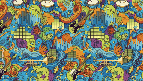 Vibrant colorful pattern with swirling shapes and musical instruments on blue background