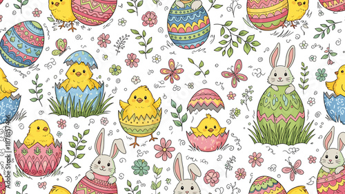 Colorful easter pattern with chicks, bunnies, eggs, and flowers
