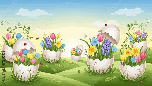 Easter bunnies in flower pots on green grass with colorful tulips and blue sky