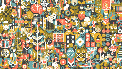 Vibrant whimsical pattern with various colorful shapes and designs