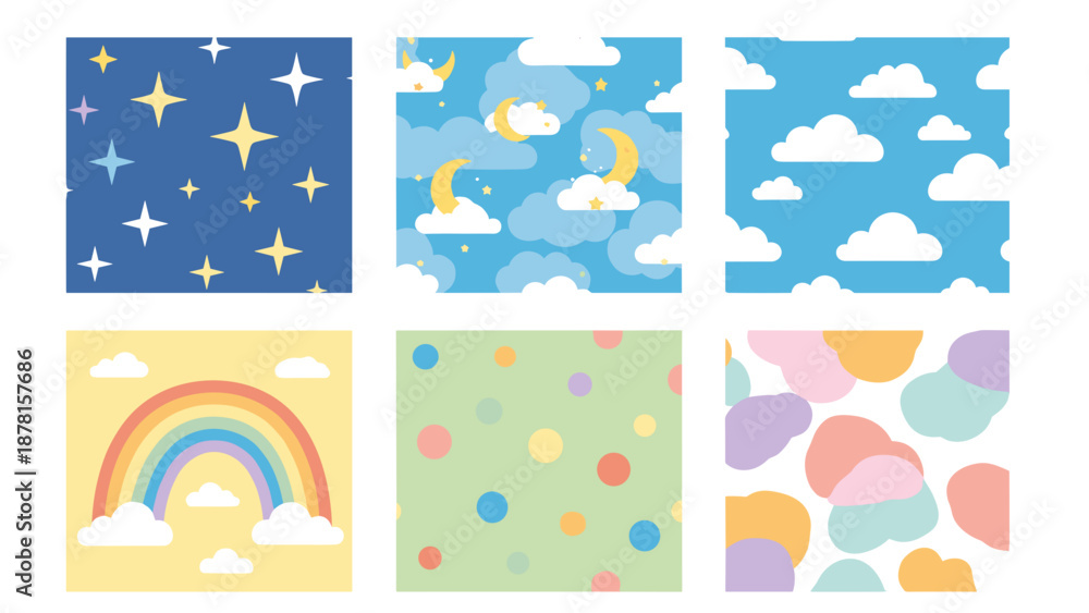 Fototapeta premium Colorful whimsical illustrations of clouds rainbows and balloons