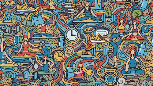 Vibrant illustration of people working amidst swirling colorful tubes and clocks in office setting