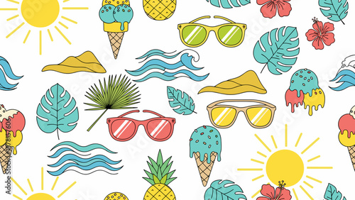 Colorful summer icons and sunglasses on with tropical feel and sunshine