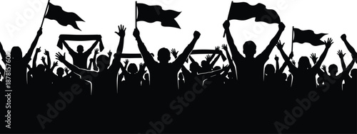 Silhouette crowd illustration with cheering people holding flags, celebration and protest concept, unity and freedom expression, black and white vector art background