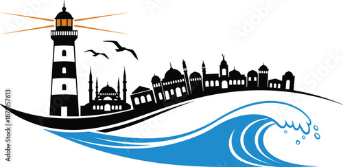 Minimalist coastal city illustration with lighthouse, mosque skyline and ocean wave, nautical travel concept, modern vector art with black white and blue colors